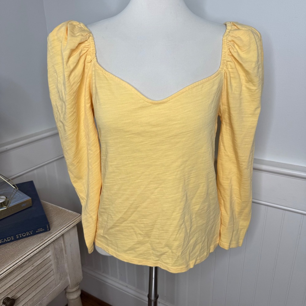 Nation LTD Yellow Cotton Puffed Shoulder Sweetheart Neck Long Sleeve Top M
